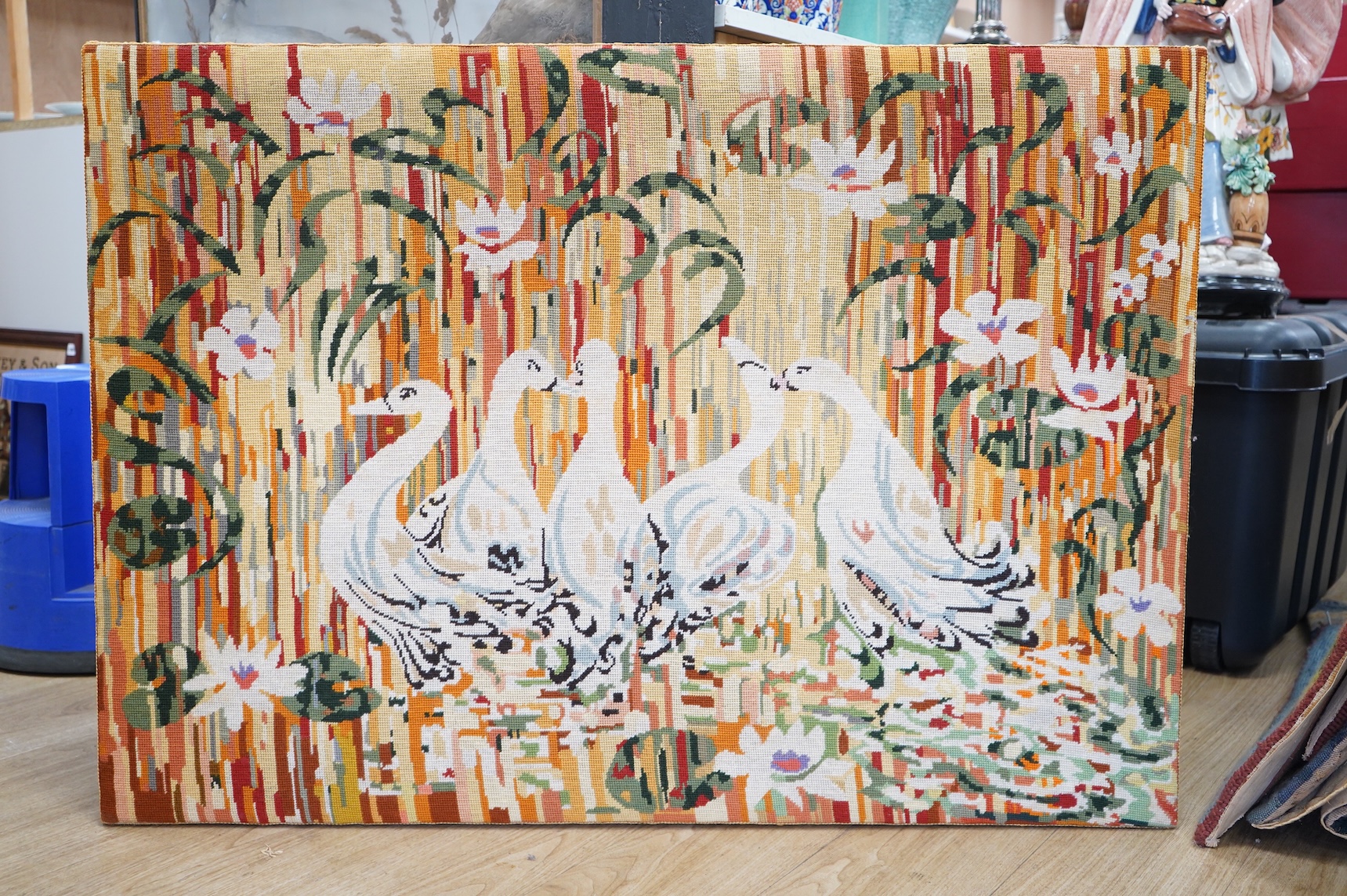 A group of three large modern wool work unframed panels together with two similar framed panels, largest framed panel 138cm x 86cm